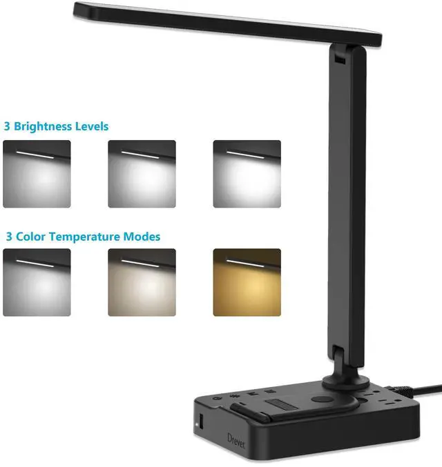 Alt view image 2 of 7 - LED Desk Lamp with Wireless Charger, Desk Table Light with USB Charging Port and 2 Outlets, 3 Lighting Modes, 3 Level Brightness, 1H Timer, Touch Control, Eye-Caring Home Office Foldable Lamp