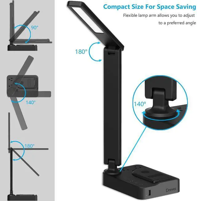 Alt view image 4 of 7 - LED Desk Lamp with Wireless Charger, Desk Table Light with USB Charging Port and 2 Outlets, 3 Lighting Modes, 3 Level Brightness, 1H Timer, Touch Control, Eye-Caring Home Office Foldable Lamp