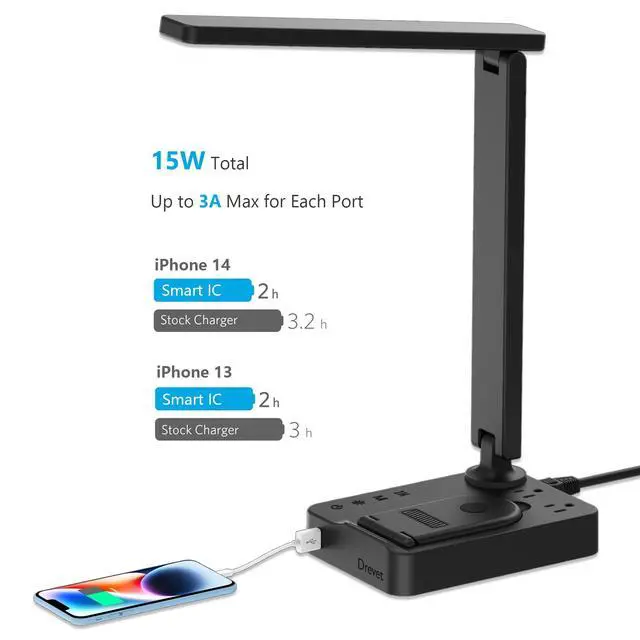 Alt view image 3 of 7 - LED Desk Lamp with Wireless Charger, Desk Table Light with USB Charging Port and 2 Outlets, 3 Lighting Modes, 3 Level Brightness, 1H Timer, Touch Control, Eye-Caring Home Office Foldable Lamp