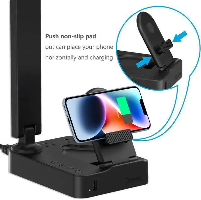 Alt view image 6 of 7 - LED Desk Lamp with Wireless Charger, Desk Table Light with USB Charging Port and 2 Outlets, 3 Lighting Modes, 3 Level Brightness, 1H Timer, Touch Control, Eye-Caring Home Office Foldable Lamp