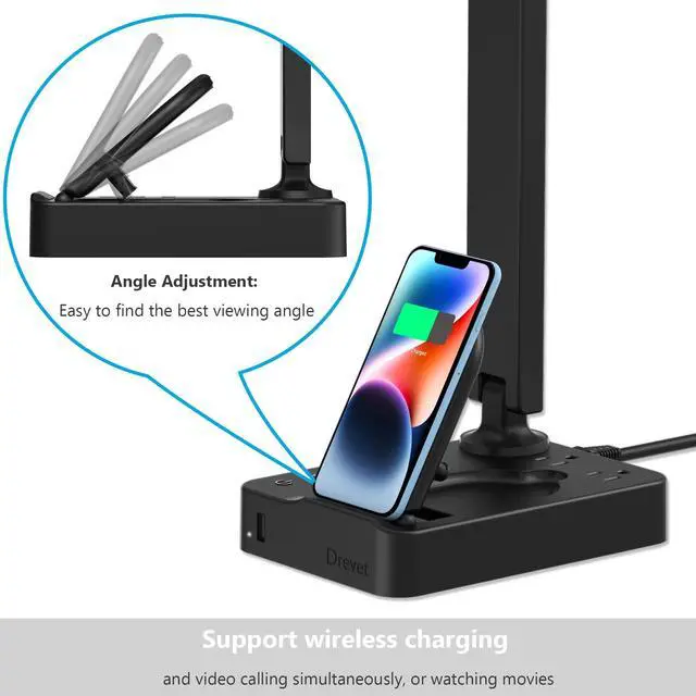 Alt view image 7 of 7 - LED Desk Lamp with Wireless Charger, Desk Table Light with USB Charging Port and 2 Outlets, 3 Lighting Modes, 3 Level Brightness, 1H Timer, Touch Control, Eye-Caring Home Office Foldable Lamp