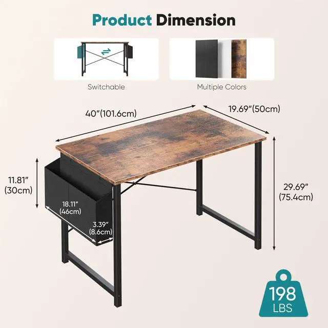 Alt view image 3 of 7 - Computer Desk 40 Inch Home Office Desks for Small Spaces, Gaming Writing Study Work Table with Storage Bag and Headphone Hook for Bedroom, Rustic Brown