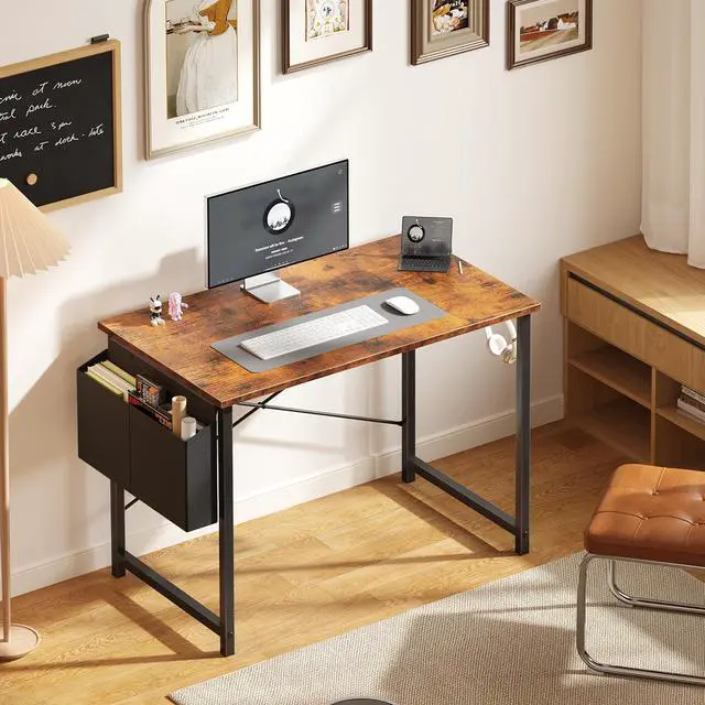Alt view image 7 of 7 - Computer Desk 40 Inch Home Office Desks for Small Spaces, Gaming Writing Study Work Table with Storage Bag and Headphone Hook for Bedroom, Rustic Brown