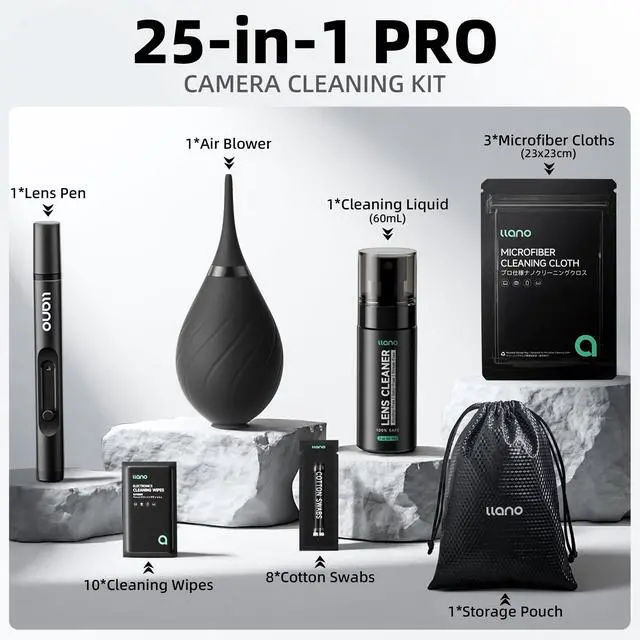 Alt view image 2 of 7 - 7-in-1 Camera Lens Cleaning Kit with Cleaning Solution 60ml, Swab, Pen, Air Blower, Nano-Fiber Cloth, Wipes, Cleaning Kit for Computer PC MacBook iPhone Camera