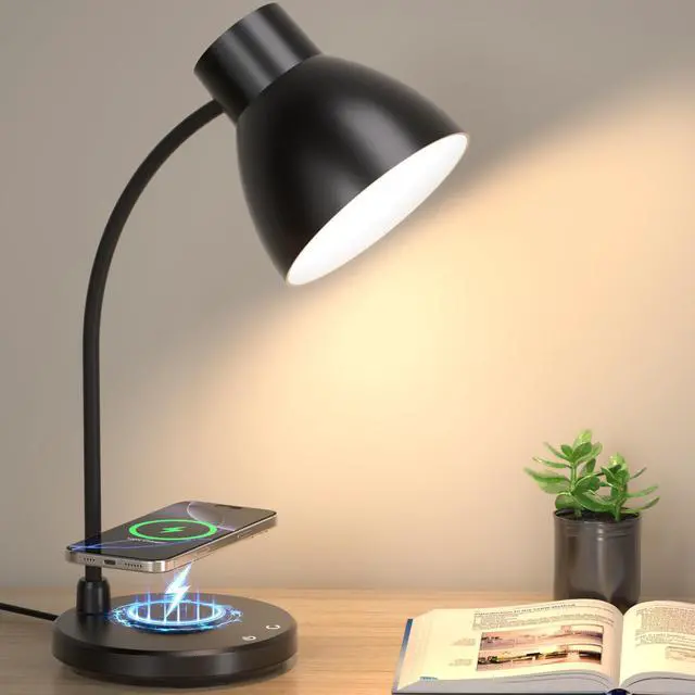 Main image of Desk Lamps for Home Office - LED Desk Lamp with Wireless Charger, 3 Color Modes Dimmable Eye-Caring Study Reading Desk Light, Small Flexible Arm Table Lamp for College Dorm Room Bedside, Black