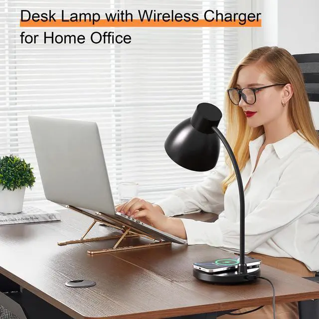 Alt view image 6 of 7 - Desk Lamps for Home Office - LED Desk Lamp with Wireless Charger, 3 Color Modes Dimmable Eye-Caring Study Reading Desk Light, Small Flexible Arm Table Lamp for College Dorm Room Bedside, Black
