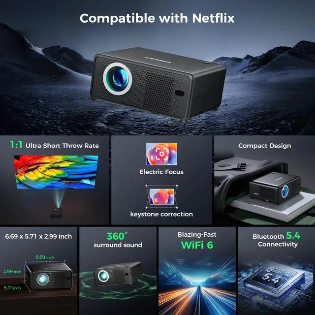 Alt view image 2 of 7 - Mini Projector with WiFi and Bluetooth, Compatible with Netflix/YouTube/PrimeVideo, Electric Focus & Keystone, Short Throw Full HD 1080P Video Projector, Portable Outdoor/Indoor Use