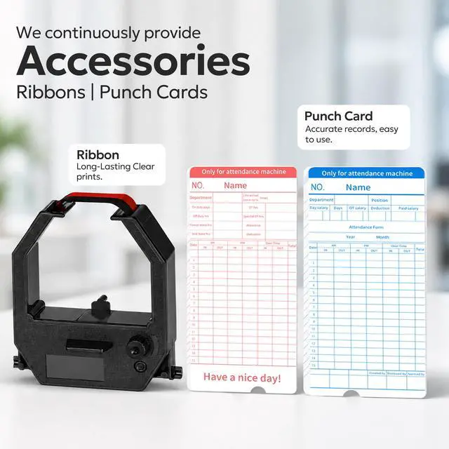 Alt view image 6 of 7 - Time Clock for Employees Small Business, 6 U.S. Time Zones, Automatic Daylight Saving & Auto Time Update, Punch Card Time Recorder with 6 Punches Per Day-50 Time Cards and 2 Ribbons (White-2)