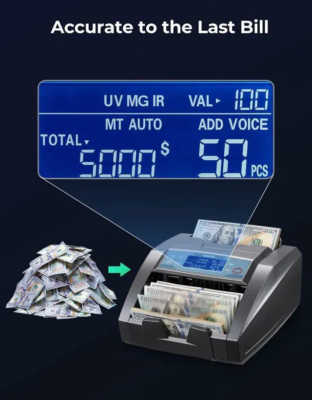 Alt view image 3 of 7 - BC009 Money Counter Machine with Value Count, MT/UV/MG/IR/DD/DBL/HLF/CHN Counterfeit Detection for Dollar/Euro Bill Counter, Add/Batch Mode Cash Counter, 1,300 Notes/Min, 2Y Manufacturer