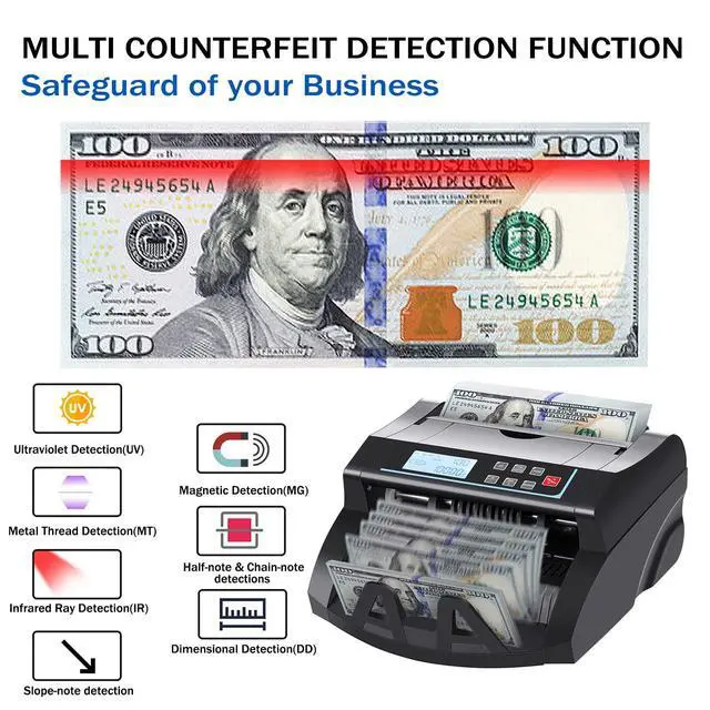 Alt view image 2 of 7 - Money Counter Machine Count Value for US Dollar only,UV/MG/MT/IR/DD Detection Bill Counter,Add+Batch/Add+Value Modes Money Counting Machine, Cash Counter with LCD Display