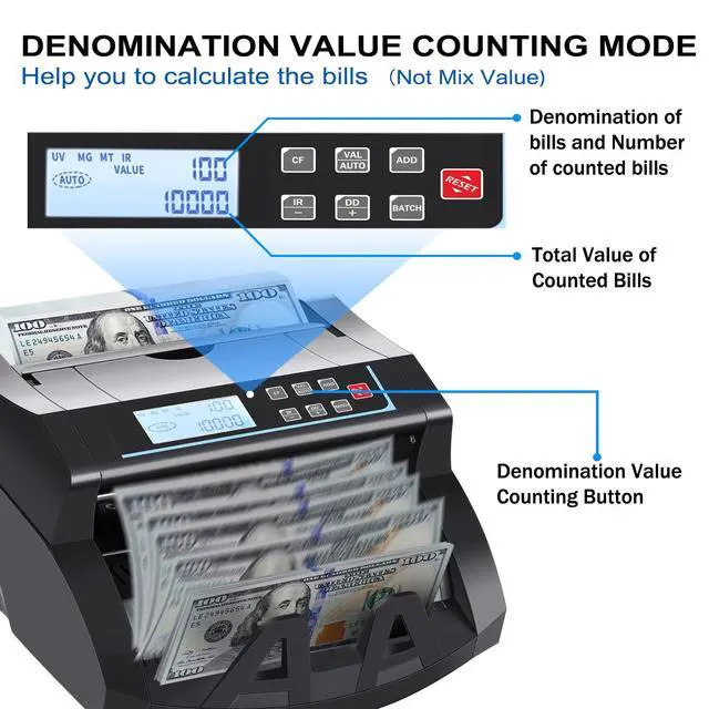 Alt view image 3 of 7 - Money Counter Machine Count Value for US Dollar only,UV/MG/MT/IR/DD Detection Bill Counter,Add+Batch/Add+Value Modes Money Counting Machine, Cash Counter with LCD Display