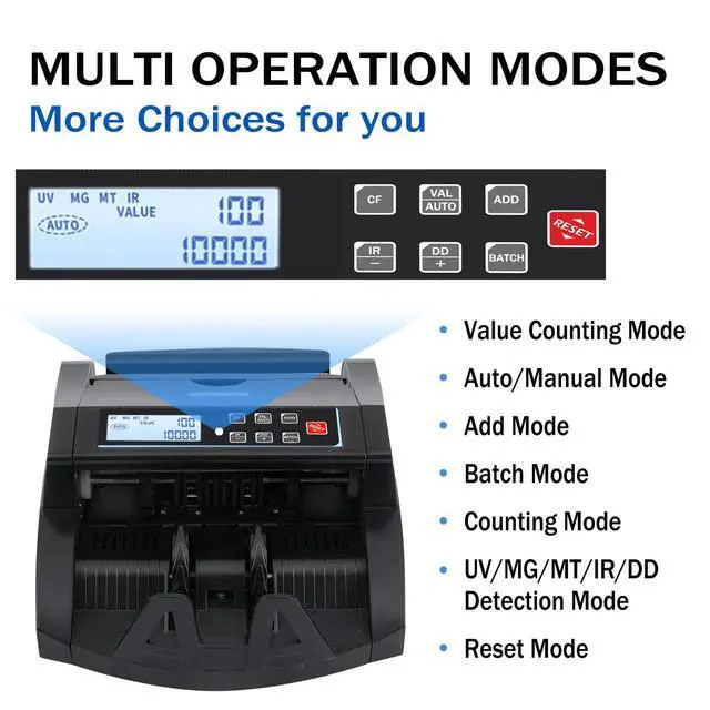 Alt view image 4 of 7 - Money Counter Machine Count Value for US Dollar only,UV/MG/MT/IR/DD Detection Bill Counter,Add+Batch/Add+Value Modes Money Counting Machine, Cash Counter with LCD Display