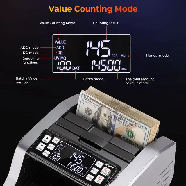 Alt view image 2 of 7 - IMC20 Money Counter Machine with Value Count, UV/MG/IR/MT Counterfeit Detection for Dollar/Euro Bill Counter, Add/Batch/Value Mode Cash Counter, LED External Display, 2 Years Warranty, Grey