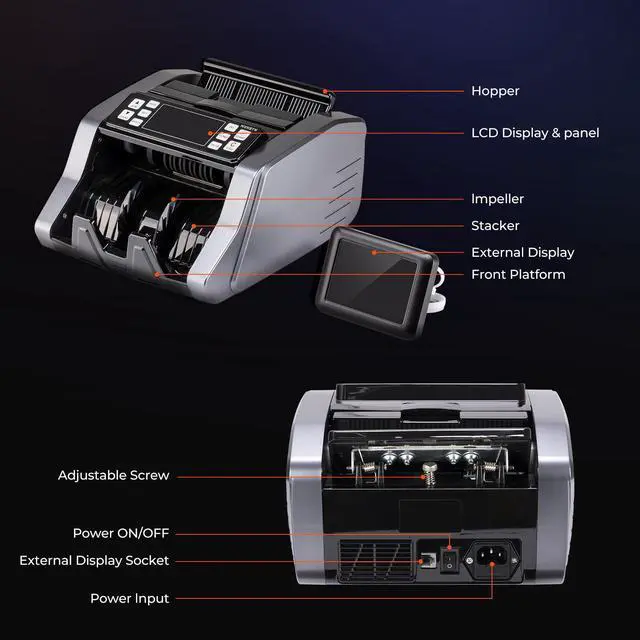 Alt view image 6 of 7 - IMC20 Money Counter Machine with Value Count, UV/MG/IR/MT Counterfeit Detection for Dollar/Euro Bill Counter, Add/Batch/Value Mode Cash Counter, LED External Display, 2 Years Warranty, Grey