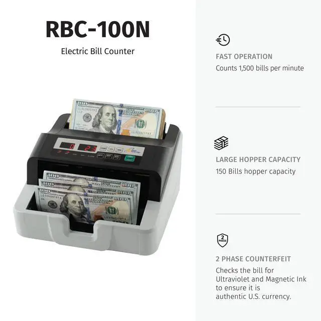 Alt view image 2 of 5 - USD High Speed Bill Counter with UV/MG Counterfeit Detection, High Volume Money Counter, Add and Batch Mode (RBC-100N)