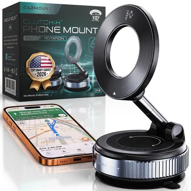 Main image of Clutch-X Black Vacuum Phone Mount Suction Cup Car Phone Holder for iPhone, Window Phone Mount for Travel, 360° Vacuum Magnetic Phone Holder for Car, Magnetic Phone Holder with Suction Cup