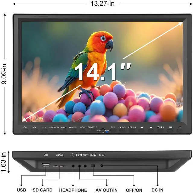 Alt view image 2 of 7 - Car DVD Player, 14.1 Large Screen Portable DVD Player Support Headrest Mount, 720P MP4 Video, USB/SD 500G, Region Free, AV in/Out, High Volume Speaker