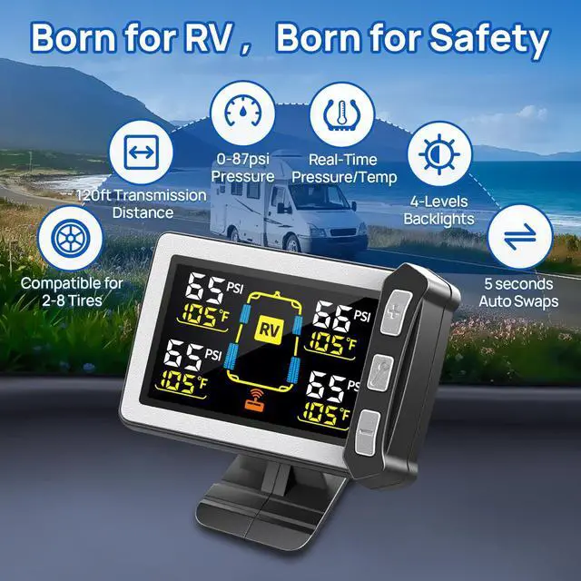 Alt view image 3 of 7 - RV Tire Pressure Monitoring System, Gen 2 Tire Pressure Monitor with Color LCD Display, TPMS with 4 Sensors for Travel Trailer/5th Wheel/Camper, 0-87PSI with 120ft Transmission Distance