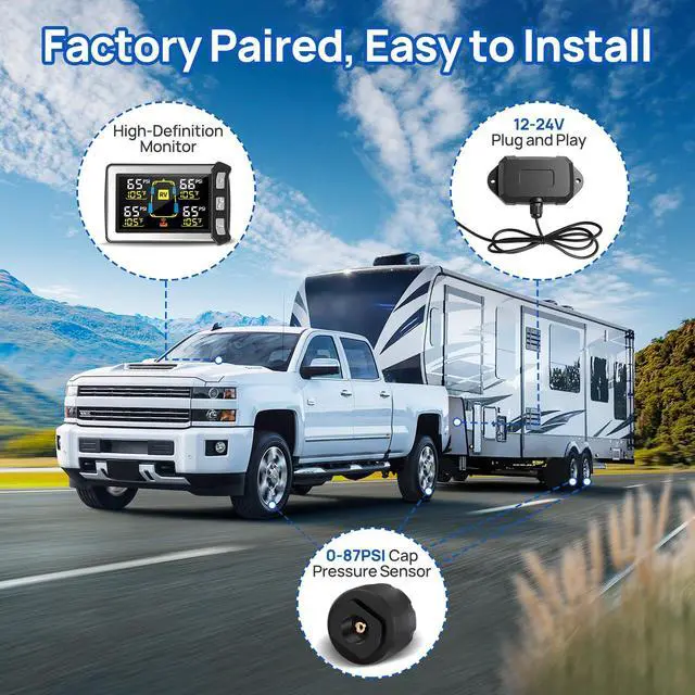 Alt view image 4 of 7 - RV Tire Pressure Monitoring System, Gen 2 Tire Pressure Monitor with Color LCD Display, TPMS with 4 Sensors for Travel Trailer/5th Wheel/Camper, 0-87PSI with 120ft Transmission Distance
