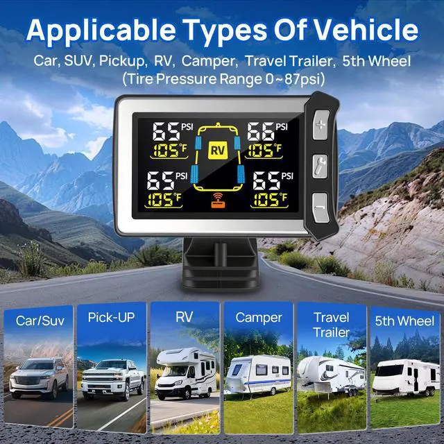 Alt view image 6 of 7 - RV Tire Pressure Monitoring System, Gen 2 Tire Pressure Monitor with Color LCD Display, TPMS with 4 Sensors for Travel Trailer/5th Wheel/Camper, 0-87PSI with 120ft Transmission Distance