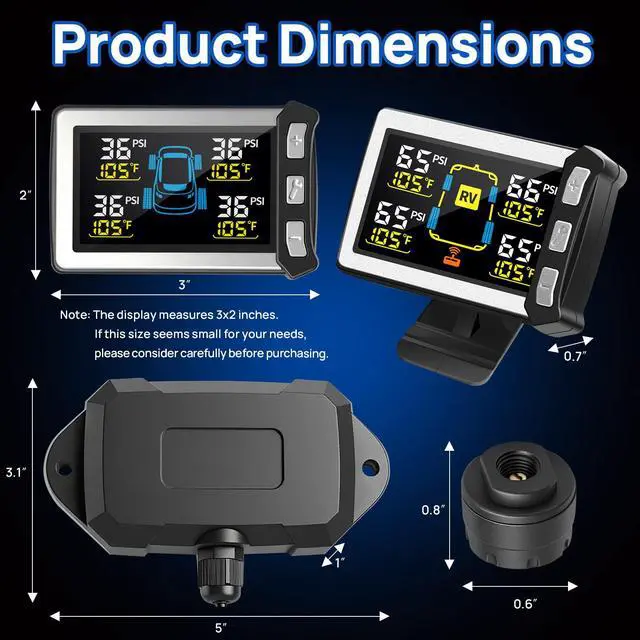 Alt view image 7 of 7 - RV Tire Pressure Monitoring System, Gen 2 Tire Pressure Monitor with Color LCD Display, TPMS with 4 Sensors for Travel Trailer/5th Wheel/Camper, 0-87PSI with 120ft Transmission Distance