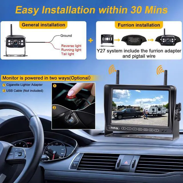 Alt view image 3 of 7 - RV Backup Camera Wireless Plug and Play: Pre-Wired for Furrion System Recording Wide View Rear View Camera Clear Night Vision HD 1080P 7'' Touch Key Monitor for Trailer Camper Motorhome Yakry Y27-N