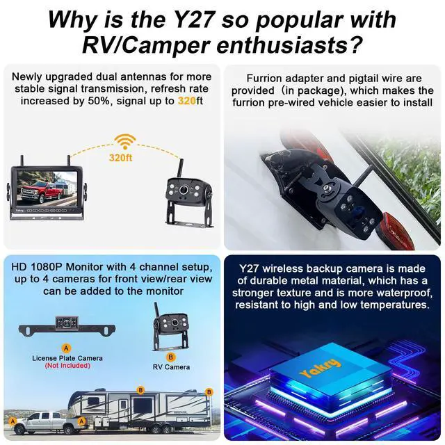 Alt view image 2 of 7 - RV Backup Camera Wireless Plug and Play: Pre-Wired for Furrion System Recording Wide View Rear View Camera Clear Night Vision HD 1080P 7'' Touch Key Monitor for Trailer Camper Motorhome Yakry Y27-N