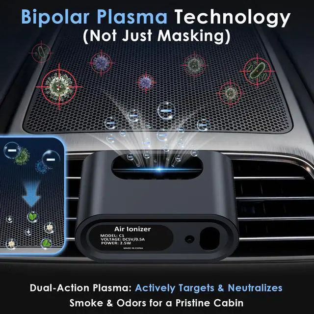 Alt view image 2 of 7 - Mini Car Air Purifier Ionizer - Filterless Bipolar Plasma Ion Tech for Smoke Smell & Pet Odor - Whisper-Quiet & Compact - Clips onto Car Air Vent - Car Air Cleaner by Yakry