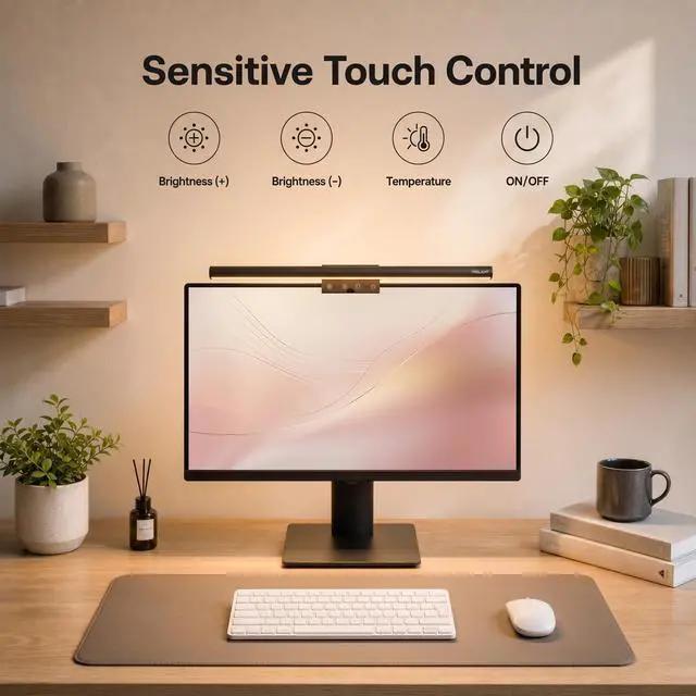 Alt view image 3 of 7 - Monitor Light Bar, Computer Monitor Lamp for Home Office Gaming, 250LM No Glare Eye-Care LED Screen Bar, Touch Control USB Reading Desk Lamp with Stepless Dimming for Flat & Curved Monitor
