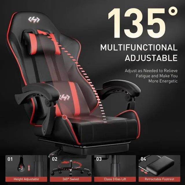 Alt view image 4 of 7 - Gaming Chair, Ergonomic Computer Office Chair with Lumbar Support Footrest Headrest, Adjustable Height & Backrest Angle Video Gamer Chair, PU Leather, 360° Swivel, Adult (Black&Red)
