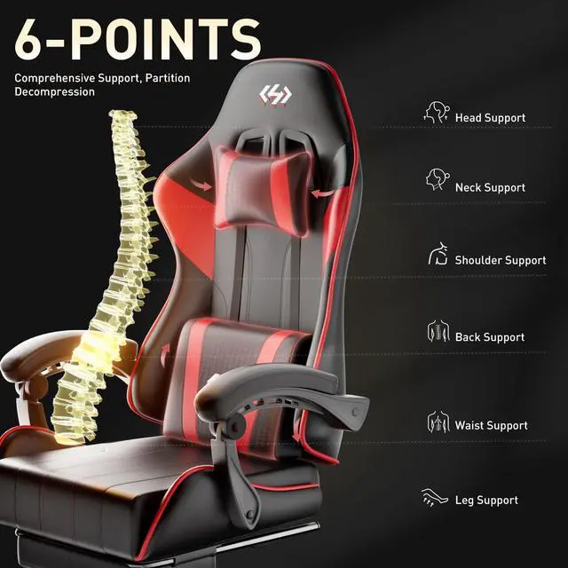 Alt view image 5 of 7 - Gaming Chair, Ergonomic Computer Office Chair with Lumbar Support Footrest Headrest, Adjustable Height & Backrest Angle Video Gamer Chair, PU Leather, 360° Swivel, Adult (Black&Red)