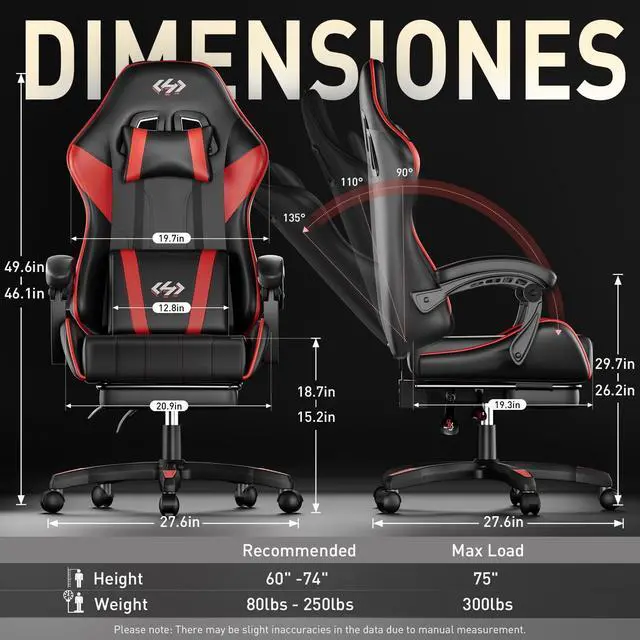 Alt view image 6 of 7 - Gaming Chair, Ergonomic Computer Office Chair with Lumbar Support Footrest Headrest, Adjustable Height & Backrest Angle Video Gamer Chair, PU Leather, 360° Swivel, Adult (Black&Red)