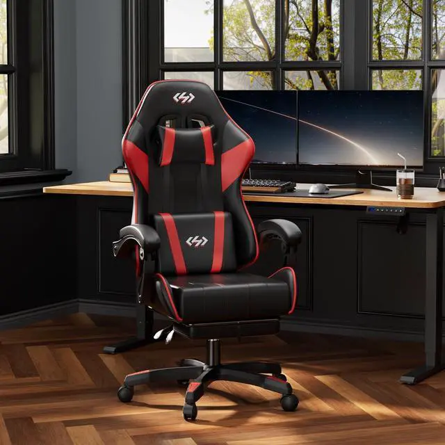 Alt view image 7 of 7 - Gaming Chair, Ergonomic Computer Office Chair with Lumbar Support Footrest Headrest, Adjustable Height & Backrest Angle Video Gamer Chair, PU Leather, 360° Swivel, Adult (Black&Red)
