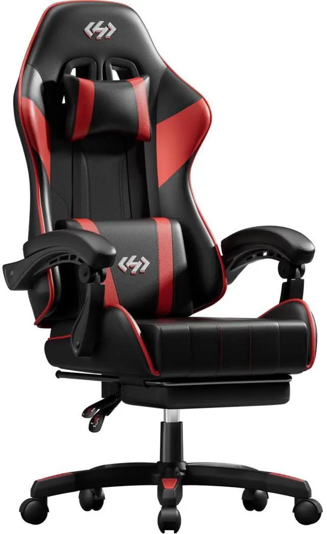 Main image of Gaming Chair, Ergonomic Computer Office Chair with Lumbar Support Footrest Headrest, Adjustable Height & Backrest Angle Video Gamer Chair, PU Leather, 360° Swivel, Adult (Black&Red)