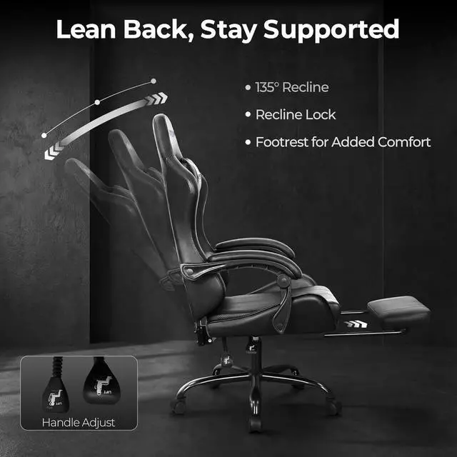 Alt view image 5 of 7 - Video Gaming Chair with Footrest Lumbar Support for Home Office High Back Recliner Height Adjustable Ergonomic Comfy Leather Computer Desk Chair (Black)