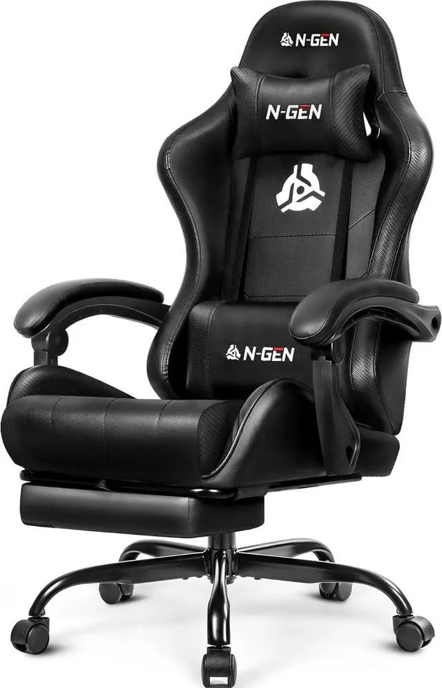 Main image of Video Gaming Chair with Footrest Lumbar Support for Home Office High Back Recliner Height Adjustable Ergonomic Comfy Leather Computer Desk Chair (Black)