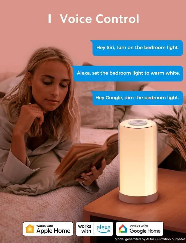 Alt view image 2 of 7 - Smart Table Lamp, Bedside Lamp, Compatible with Apple HomeKit, Siri, Amazon Alexa and SmartThings, Tunable White and Multi-Color, Touch Control, Voice and App Control