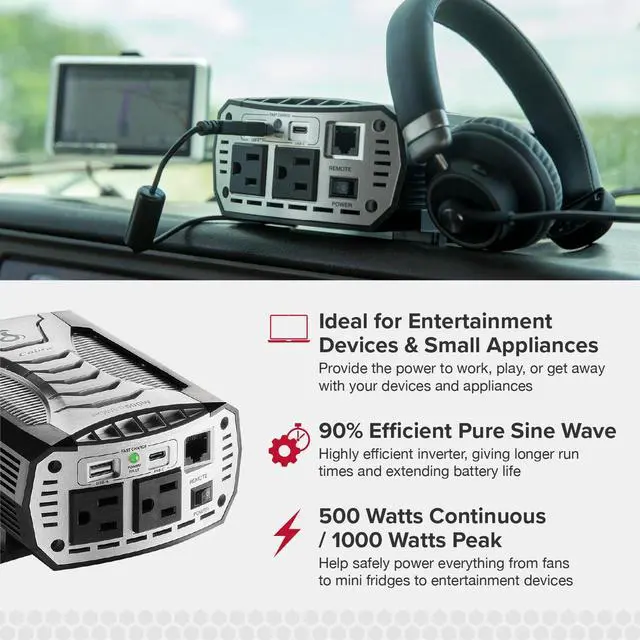 Alt view image 3 of 6 - Cobra POWER 500W Power Inverter, Portable 500-Watt Car Charger, 2 Grounded AC Outlets, 2 Fast Charge USB Ports and Remote Controller (CPIALCDG1) Compatible