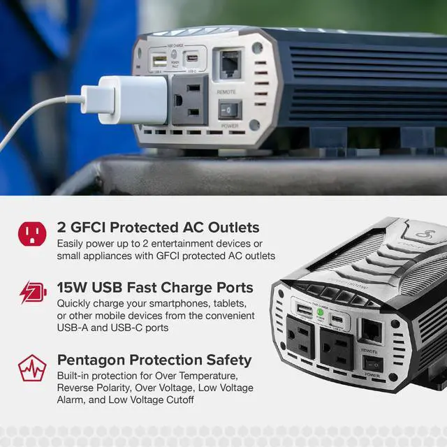 Alt view image 4 of 6 - Cobra POWER 500W Power Inverter, Portable 500-Watt Car Charger, 2 Grounded AC Outlets, 2 Fast Charge USB Ports and Remote Controller (CPIALCDG1) Compatible