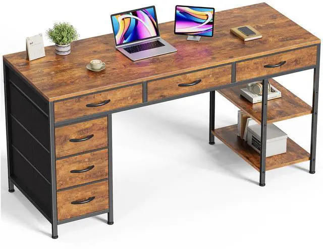 Main image of Computer Desk with 6 Drawers, Office Desk with Shelves, Reversible Gaming Desk, Corner Desk with Storage, Work for Home Office, Study, Living Room, 54inch, Rustic Brown
