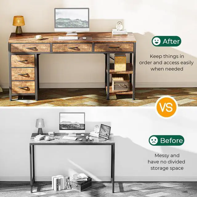 Alt view image 3 of 7 - Computer Desk with 6 Drawers, Office Desk with Shelves, Reversible Gaming Desk, Corner Desk with Storage, Work for Home Office, Study, Living Room, 54inch, Rustic Brown