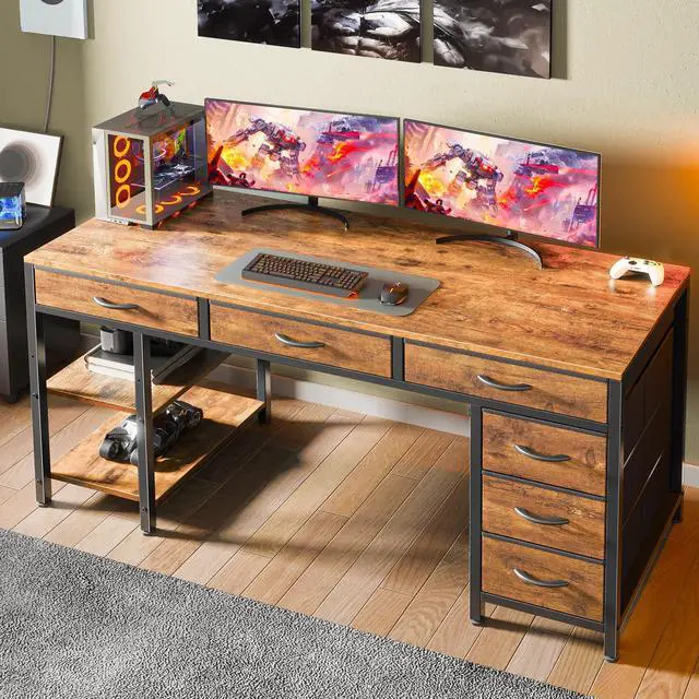 Alt view image 5 of 7 - Computer Desk with 6 Drawers, Office Desk with Shelves, Reversible Gaming Desk, Corner Desk with Storage, Work for Home Office, Study, Living Room, 54inch, Rustic Brown