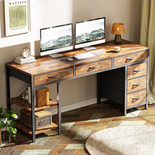 Alt view image 6 of 7 - Computer Desk with 6 Drawers, Office Desk with Shelves, Reversible Gaming Desk, Corner Desk with Storage, Work for Home Office, Study, Living Room, 54inch, Rustic Brown