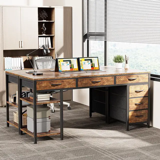 Alt view image 7 of 7 - Computer Desk with 6 Drawers, Office Desk with Shelves, Reversible Gaming Desk, Corner Desk with Storage, Work for Home Office, Study, Living Room, 54inch, Rustic Brown