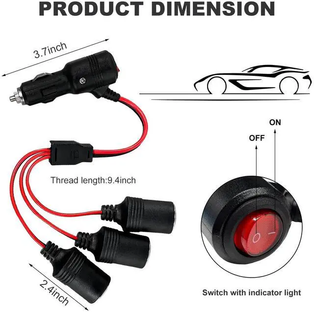 Alt view image 2 of 6 - Car Cigarette Lighter Splitter, 1 to 3 Car Cigarette Lighter 12V 24V Splitter Adapter with 15A Fuses, 3-Way Cigarette Lighter Extension Cord with On/Off Switch