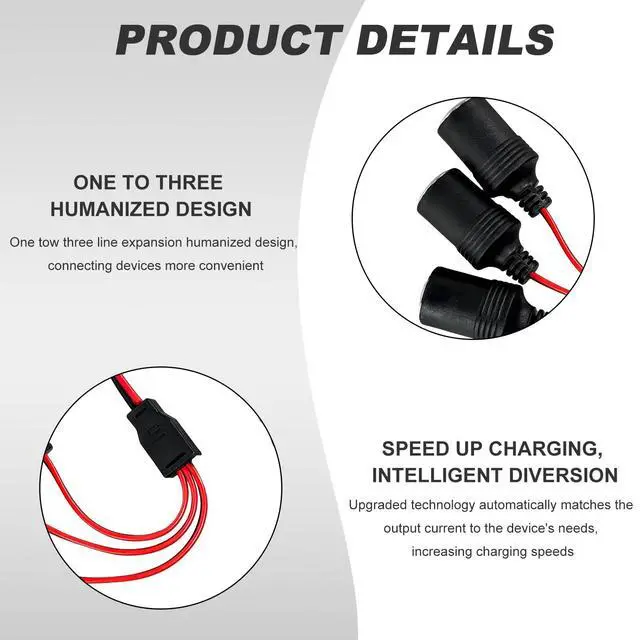 Alt view image 3 of 6 - Car Cigarette Lighter Splitter, 1 to 3 Car Cigarette Lighter 12V 24V Splitter Adapter with 15A Fuses, 3-Way Cigarette Lighter Extension Cord with On/Off Switch