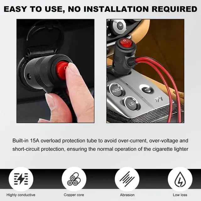 Alt view image 5 of 6 - Car Cigarette Lighter Splitter, 1 to 3 Car Cigarette Lighter 12V 24V Splitter Adapter with 15A Fuses, 3-Way Cigarette Lighter Extension Cord with On/Off Switch