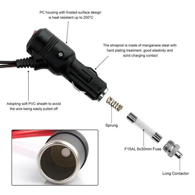 Alt view image 4 of 6 - Car Cigarette Lighter Splitter, 1 to 3 Car Cigarette Lighter 12V 24V Splitter Adapter with 15A Fuses, 3-Way Cigarette Lighter Extension Cord with On/Off Switch