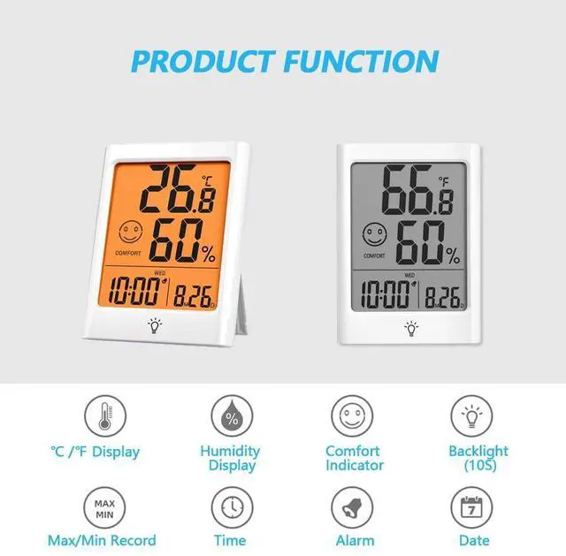 Alt view image 2 of 7 - Digital Indoor Thermometer for Room, Smart Temperature Humidity Monitor with Backlight, Comfort Indicator, Max/Min Record, Time, Calendar, Alarm, °c/°f Switch for Bedroom, School