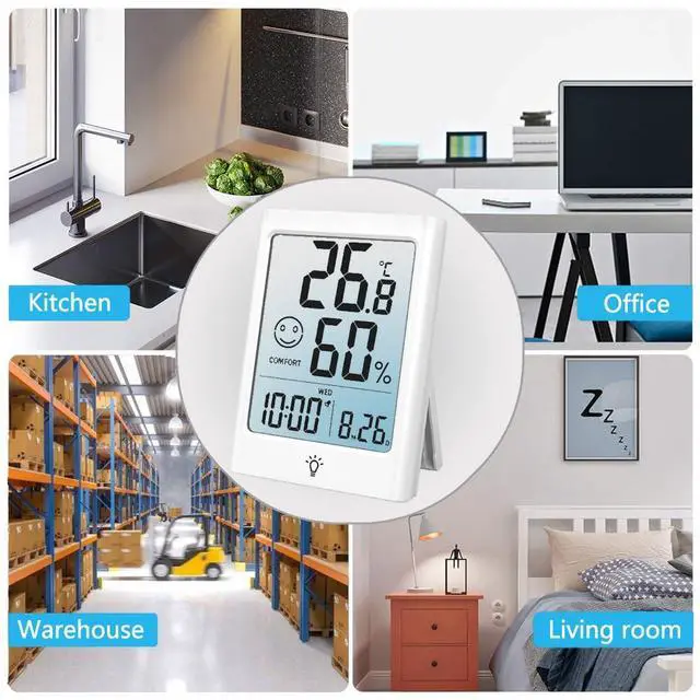 Alt view image 3 of 7 - Digital Indoor Thermometer for Room, Smart Temperature Humidity Monitor with Backlight, Comfort Indicator, Max/Min Record, Time, Calendar, Alarm, °c/°f Switch for Bedroom, School